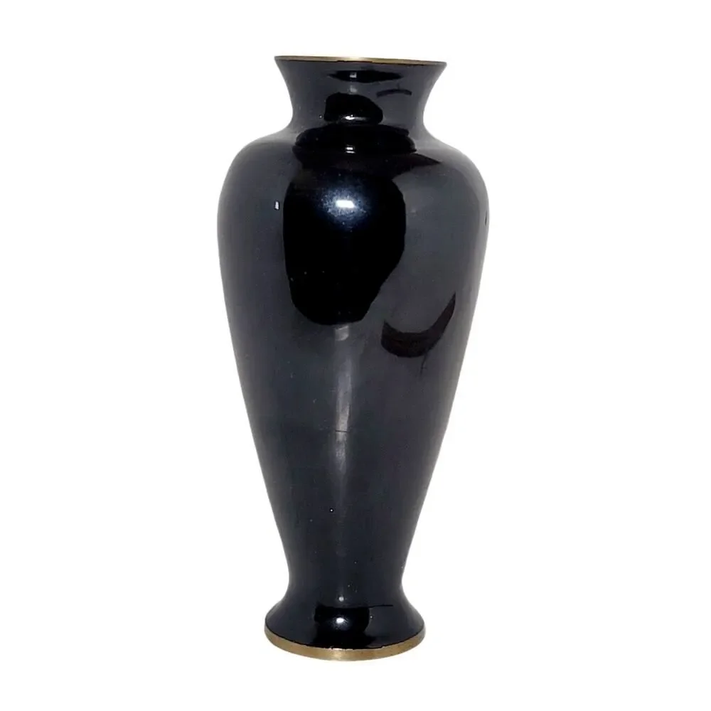 Vtg Asian Japanese Baluster Vase Black Lacquer & Mother of Pearl Floral Inlay 7